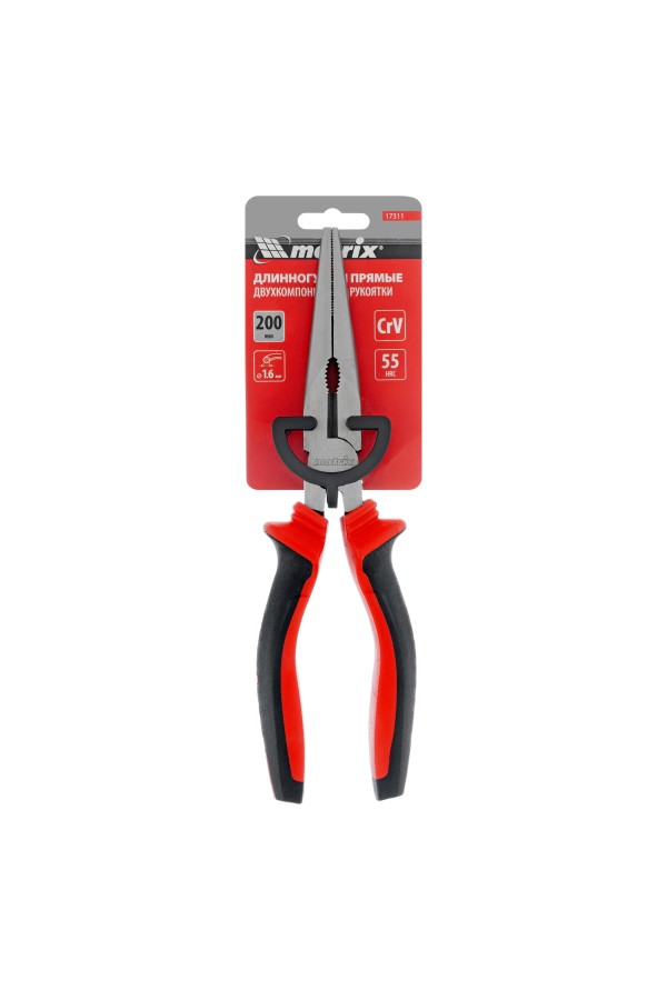 Длинногубцы прямые, 200 мм, хром-ванадий, двухкомпонентные рукоятки Matrix