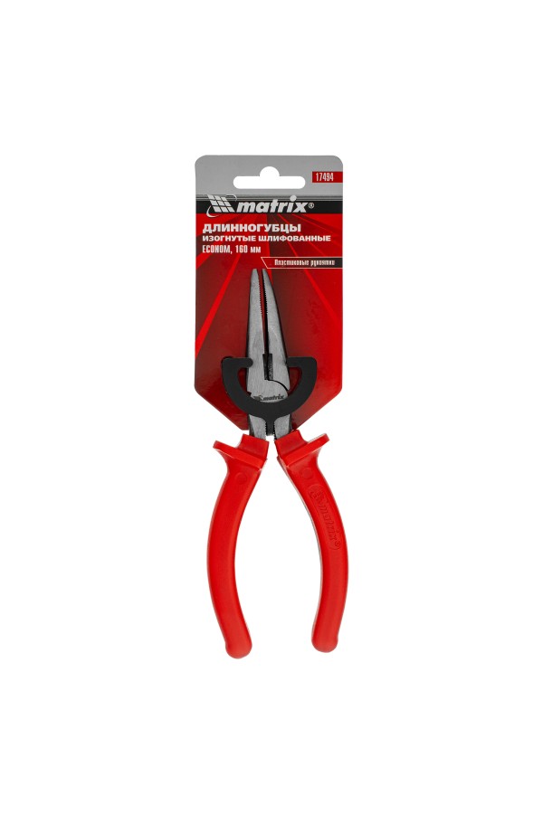 Длинногубцы изогнутые Econom, 160 мм, шлифованные, пластмассовые рукоятки Matrix