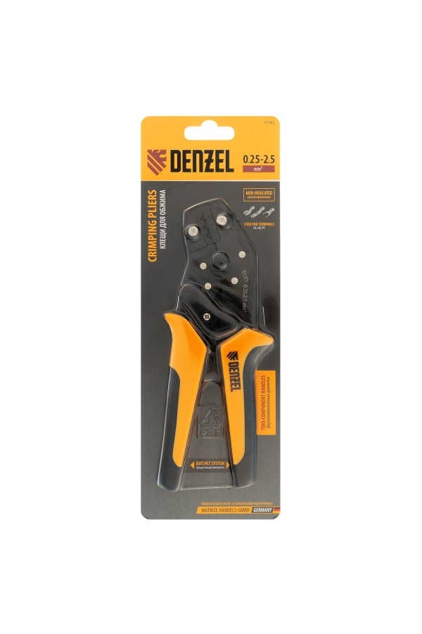 Клещи для обжима неизолированных наконечников НК и НВ, разъемов РП, 0,25 - 2,5 мм2 Denzel