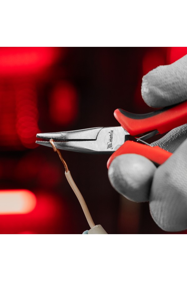 Длинногубцы изогнутые Mini, 130 мм, никелированные, авторазжим, двухкомпонентные рукоятки Matrix