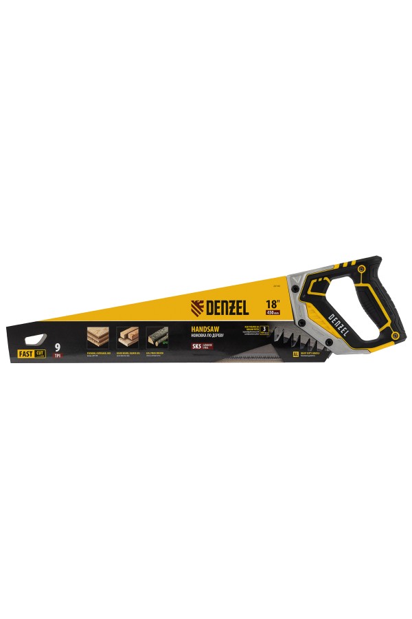 Ножовка по дереву, 450 мм, 9 TPI, зуб 3D, металлопластиковая рукоятка Denzel