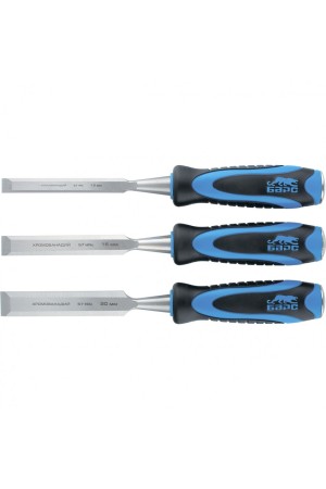 Набор долот-стамесок плоских, 3 шт, 12-16-20 мм, двухкомпонентная рукоятка, металлический затыльник Барс