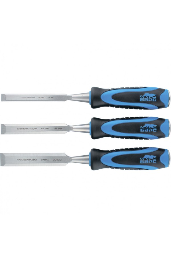 Набор долот-стамесок плоских, 3 шт, 12-16-20 мм, двухкомпонентная рукоятка, металлический затыльник Барс