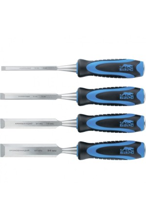 Набор долот-стамесок плоских, 4 шт, 8-12-18-24 мм, двухкомпонентная рукоятка, металлический затыльник Барс