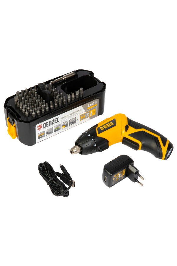 Отвертка аккумуляторная CSL-3.6-01, Li-Ion, 3.6 В, 1.3 А*ч, 200 об/мин, с аксессуарами Denzel