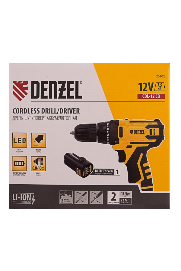Дрель-шуруповерт аккумуляторная CDL-12CB, Li-Ion, 12 В, 1 акк. Denzel