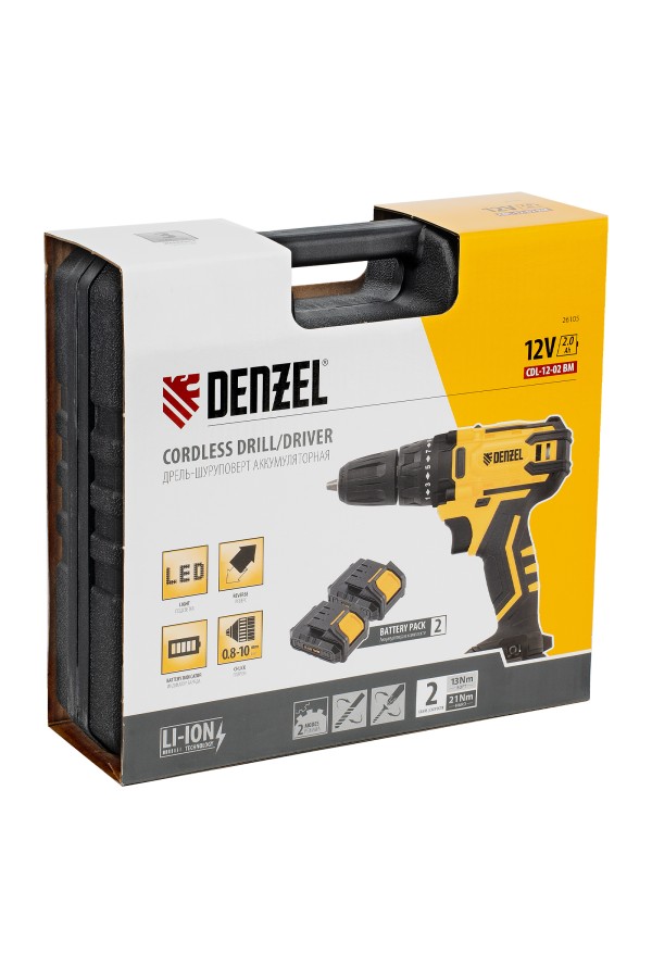 Дрель-шуруповерт аккумуляторная CDL-12-02BM, Li-Ion, 12 В, 2 акк. Denzel