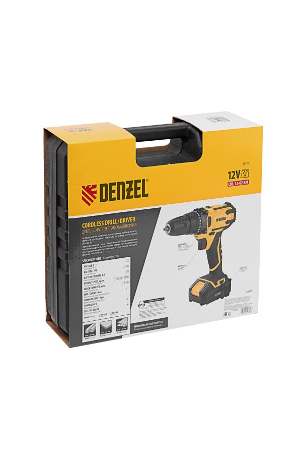Дрель-шуруповерт аккумуляторная CDL-12-02BM, Li-Ion, 12 В, 2 акк. Denzel