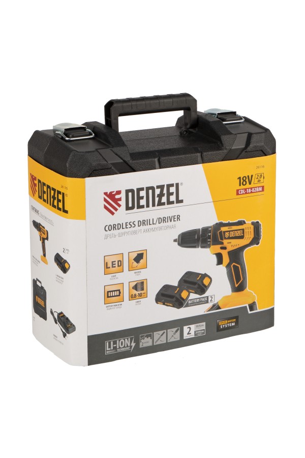 Дрель-шуруповерт аккумуляторная CDL-18-02BM, Li-Ion, 18 В, 2 аккумулятор Denzel