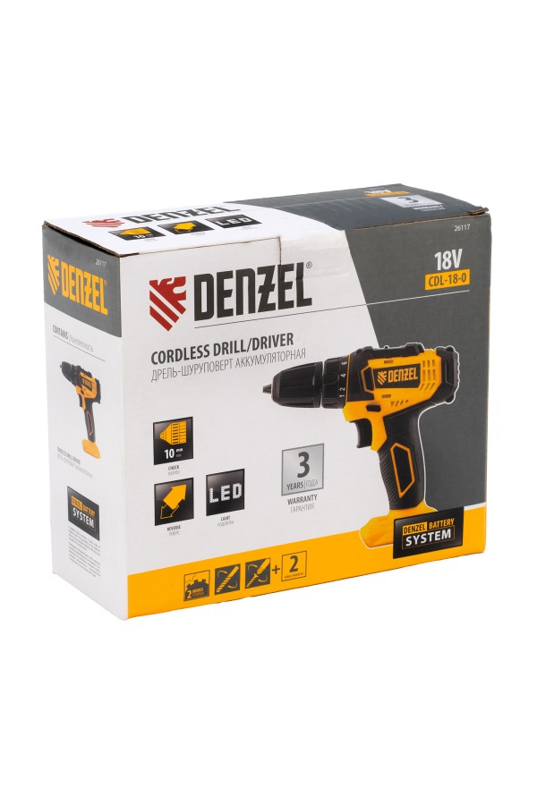 Дрель-шуруповерт аккумуляторная CDL-18-0, Li-Ion, 18 В Denzel
