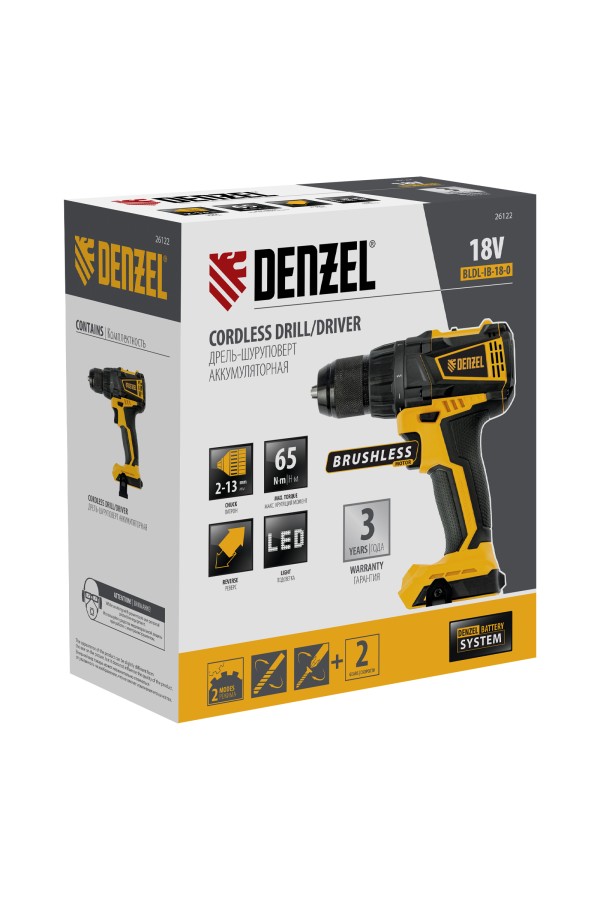 Дрель-шуруповерт аккумуляторная, бесщет. BLDL-IB-18-0, Li-Ion, 18 В Denzel