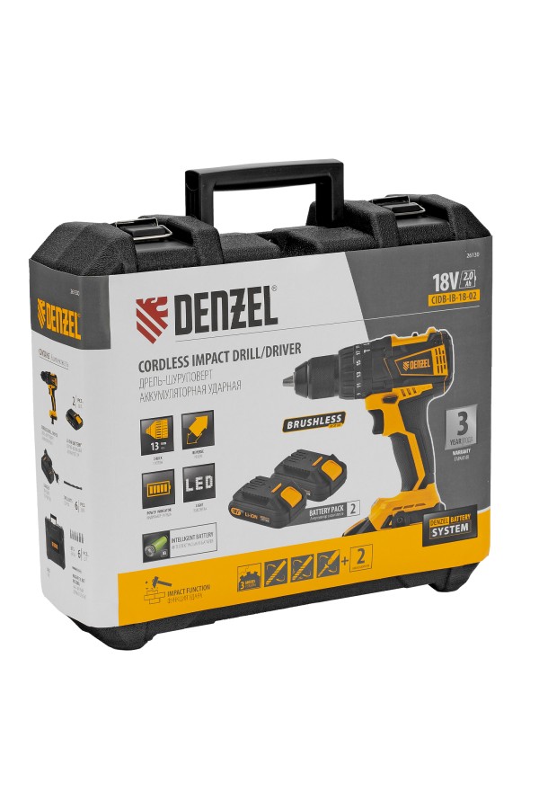 Дрель-шуруповерт аккумуляторная ударная бесщет CIDB-IB-18-02, Li-Ion, 18 В, 2 акк. Denzel