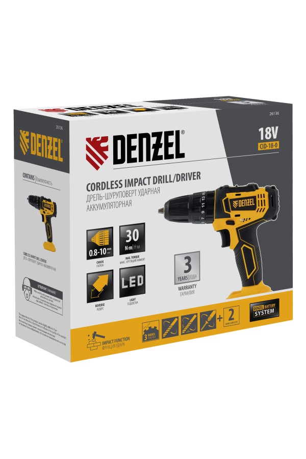 Дрель-шуруповерт аккумуляторная ударная CID-18-0, Li-Ion, 18 В Denzel