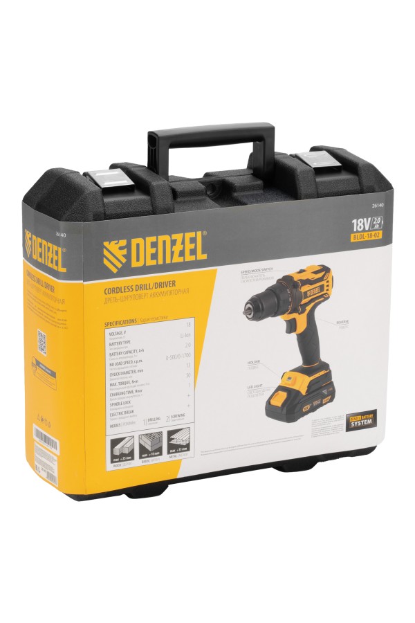Дрель-шуруповерт аккумуляторная, бесщет. BLDL-18-02 Li-Ion, 18 В Denzel