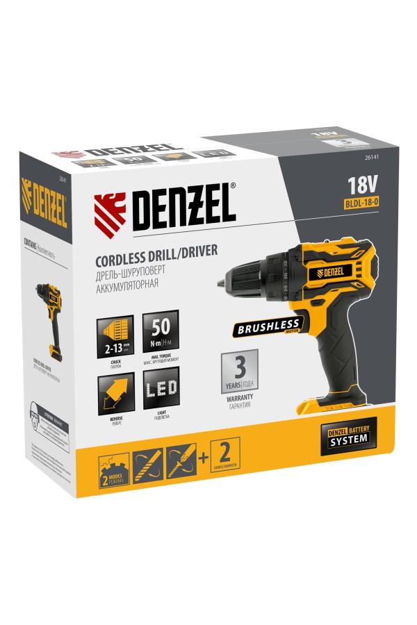 Дрель-шуруповерт аккумуляторная, бесщет. BLDL-18-0 Li-Ion, 18 В Denzel