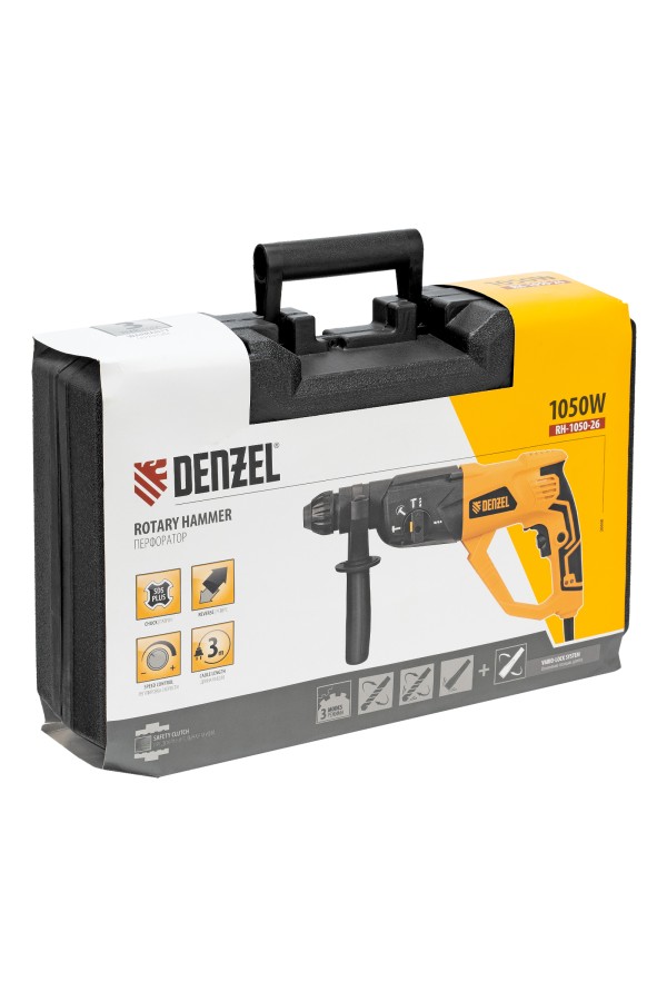 Перфоратор электрический RH-1050-26, SDS-plus, 1050 Вт, 3.2 Дж, 3 плюс 1 режим Denzel
