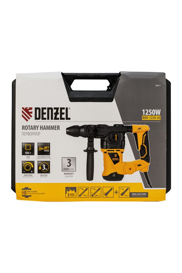 Перфоратор электрический RHV-1250-30, SDS-plus, 1250 Вт, 5 Дж, 3 плюс 1 режим Denzel