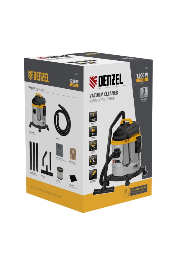 Пылесос строительный SVC15, 1200 Вт, бак 15 л, шланг 2 м Denzel