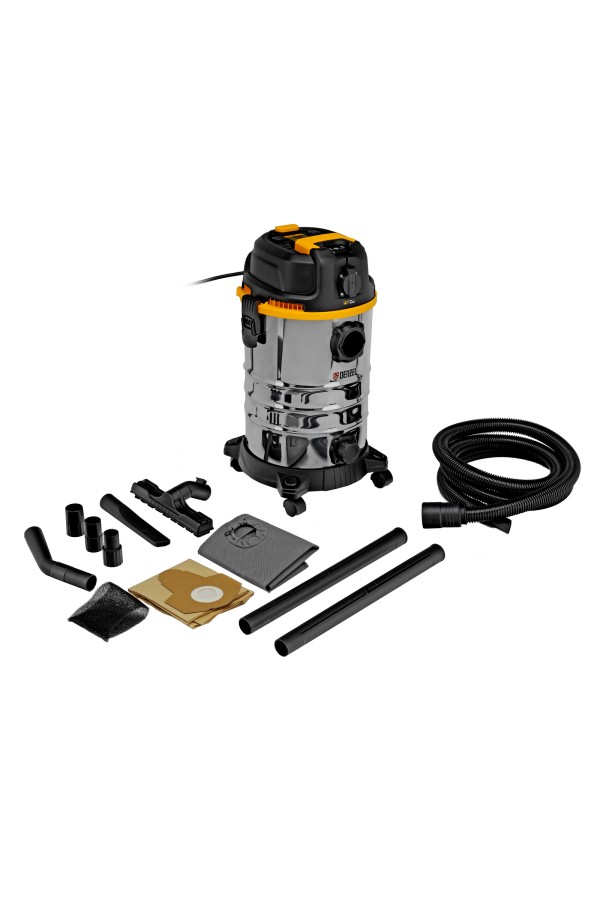 Пылесос строительный RVC30, 1400 Вт, бак 30 л, шланг 3 м, розетка с автосинхр. Denzel
