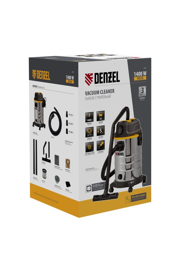 Пылесос строительный RVC30, 1400 Вт, бак 30 л, шланг 3 м, розетка с автосинхр. Denzel