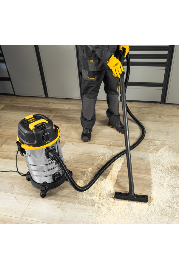 Пылесос строительный RVC30, 1400 Вт, бак 30 л, шланг 3 м, розетка с автосинхр. Denzel