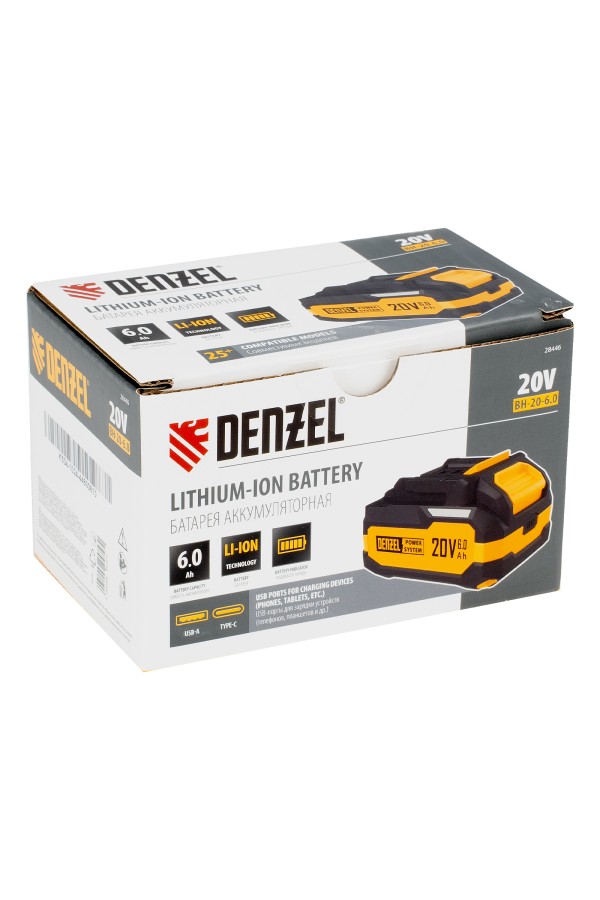 Батарея аккумуляторная BH-20-6.0, Li-Ion, USB, 20 В, 6,0 Ач// Denzel