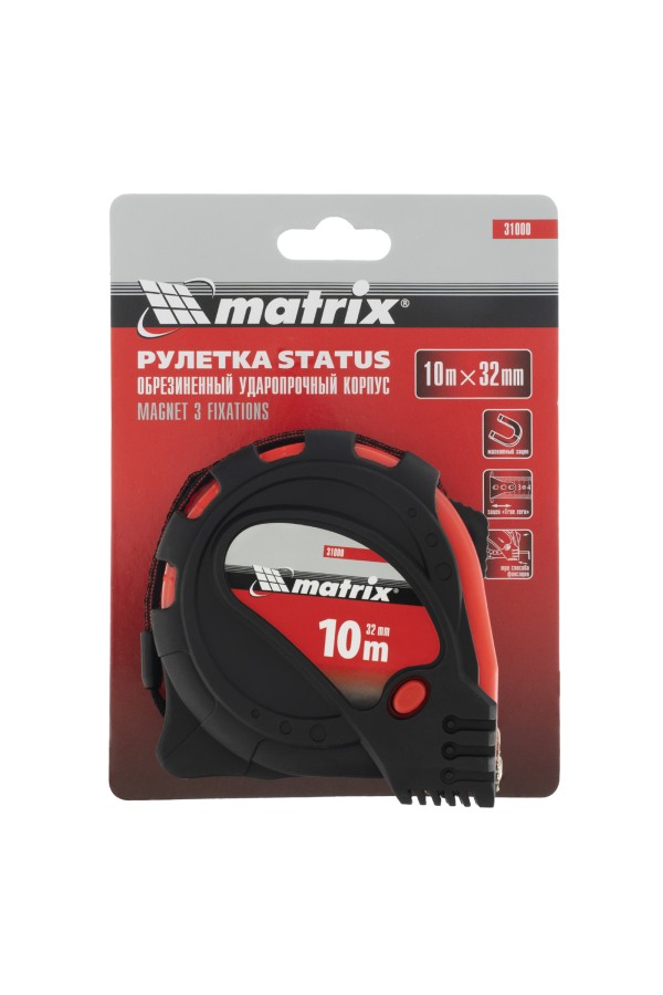 Рулетка Status Magnet 3 fixations,10 м х 32 мм,обрезиненный корпус,зацеп с магнитом Matrix