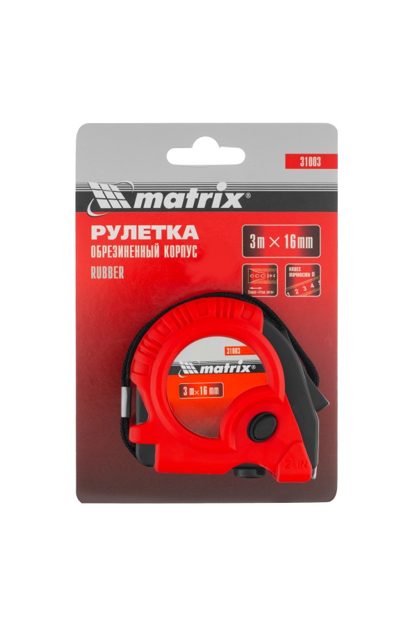 Рулетка Rubber,3 м х 16 мм,обрезиненный корпус Matrix