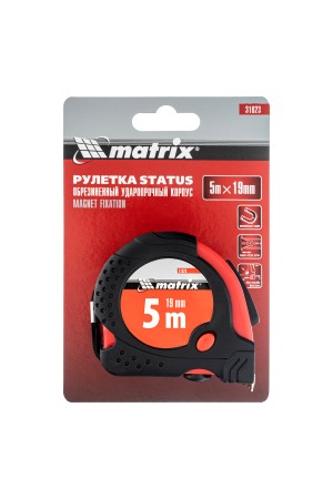 Рулетка Status Magnet fixation,5 м х 19 мм,обрезиненный корпус,зацеп с магнитом Matrix