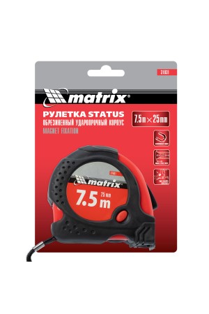 Рулетка Status Magnet fixation,7,5 м х 25 мм,обрезиненный корпус,зацеп с магнитом Matrix