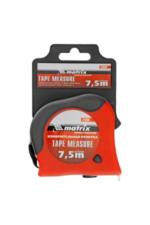 Рулетка Double fixation,7,5 м х 25 мм,обрезиненный корпус,двойная плавная фиксация Matrix