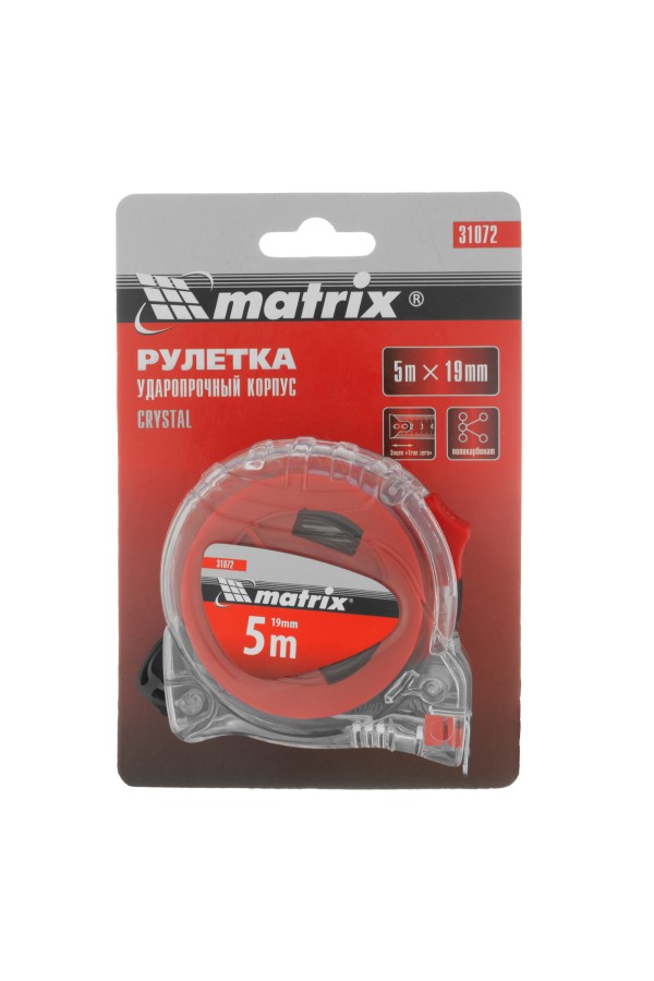 Рулетка Crystal,5 м х 19 мм,корпус из поликарбоната Matrix