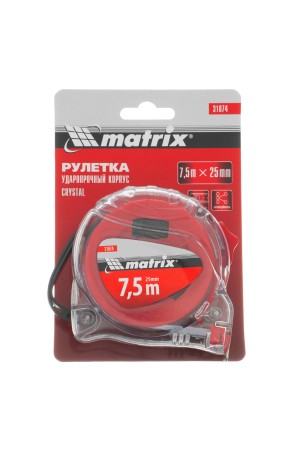Рулетка Crystal,7,5 м х 25 мм,корпус из поликарбоната Matrix