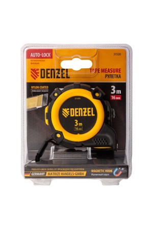 Рулетка 3м х 16мм, автоматич. фиксац., нейлон. покрытие, магнит. зацеп, двухстор. разметка// Denzel
