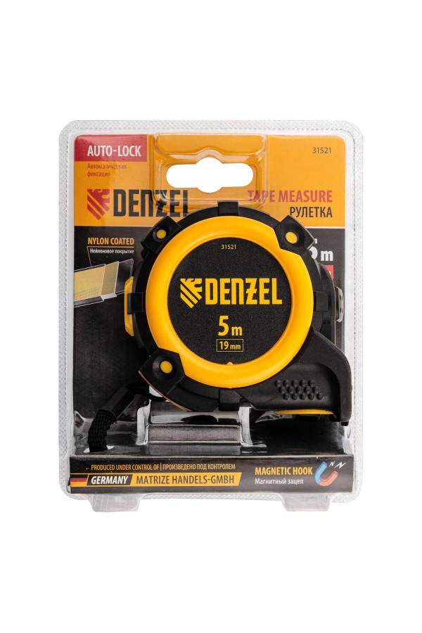 Рулетка 5м х 19мм, автоматич. фиксац., нейлон. покрытие, магнит. зацеп, двухстор. разметка Denzel