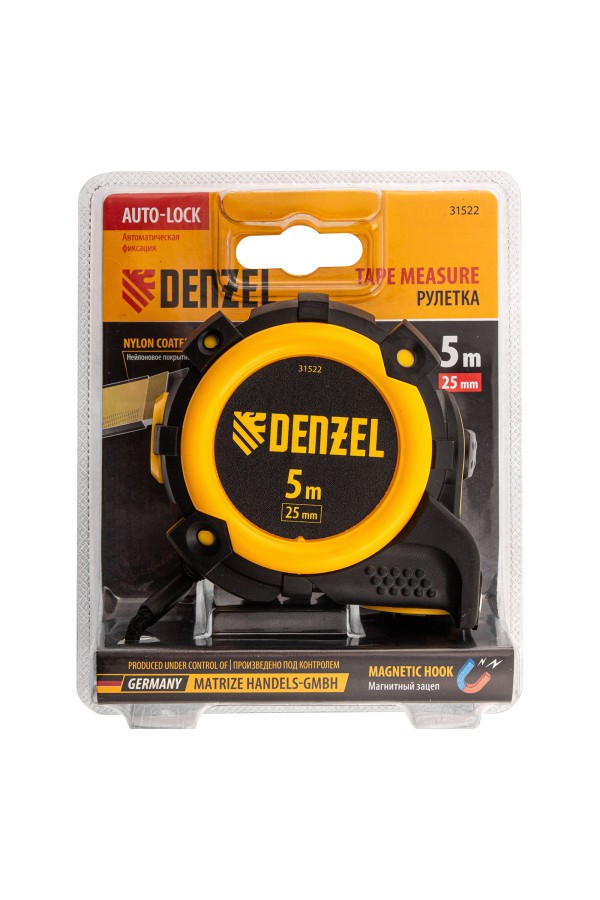 Рулетка 5м х 25мм, автоматич. фиксац., нейлон. покрытие, магнит. зацеп, двухстор. разметка Denzel