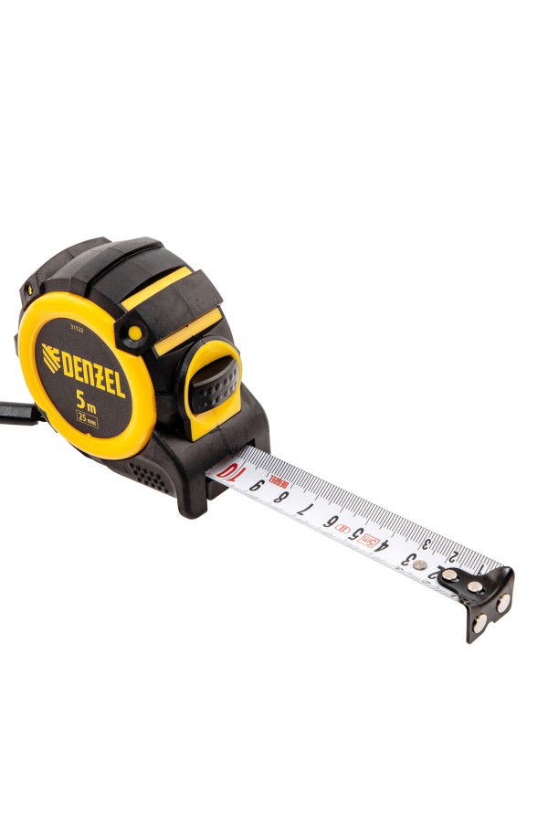 Рулетка 5м х 25мм, автоматич. фиксац., нейлон. покрытие, магнит. зацеп, двухстор. разметка Denzel