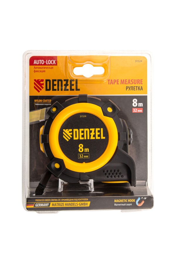 Рулетка 8м х 32мм, автоматич. фиксац., нейлон. покрытие, магнит. зацеп, двухстор. разметка Denzel