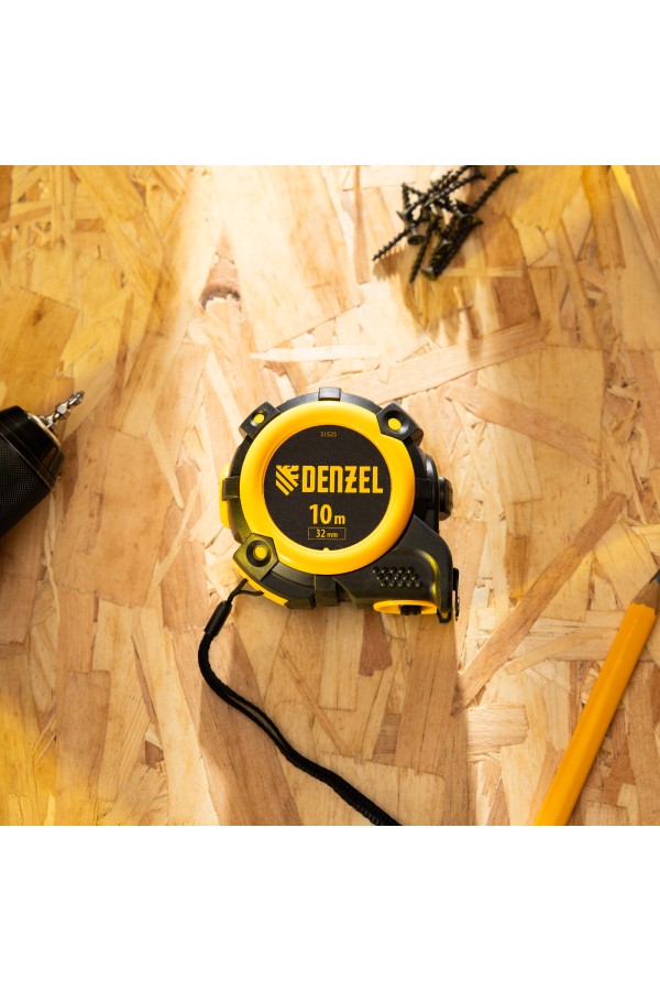 Рулетка 10м х 32мм, автоматич. фиксац., нейлон. покрытие, магнит. зацеп, двухстор. разметка Denzel