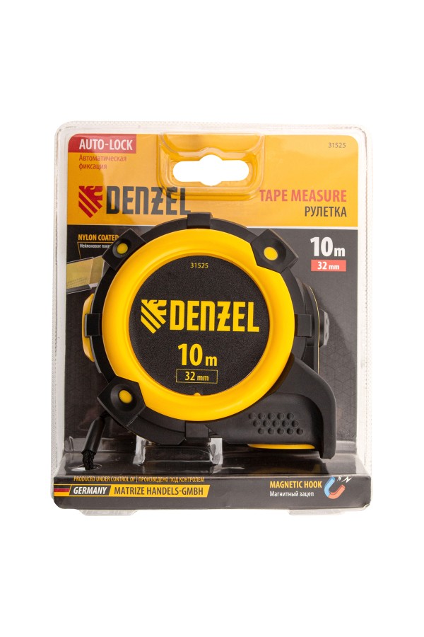 Рулетка 10м х 32мм, автоматич. фиксац., нейлон. покрытие, магнит. зацеп, двухстор. разметка Denzel