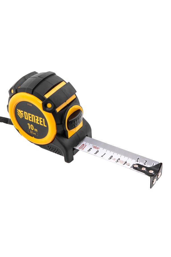 Рулетка 10м х 32мм, автоматич. фиксац., нейлон. покрытие, магнит. зацеп, двухстор. разметка Denzel
