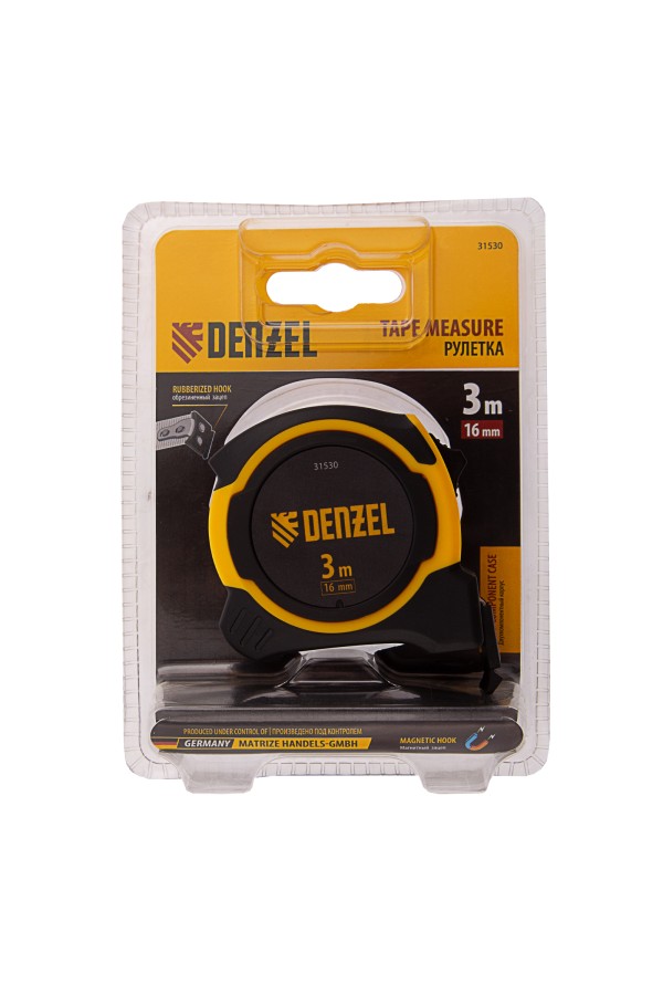 Рулетка 3м х 16мм, двухкомп. корпус, магнитный обрезиненный зацеп Denzel