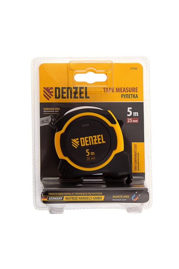Рулетка 5м х 25мм, двухкомп. корпус, магнитный обрезиненный зацеп Denzel