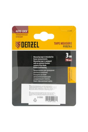 Рулетка 3м х 16мм, обрезиненный корпус, автоматическая фиксация Denzel