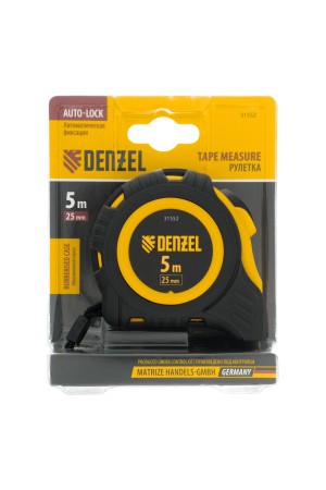Рулетка 5м х 25мм, обрезиненный корпус, автоматическая фиксация Denzel