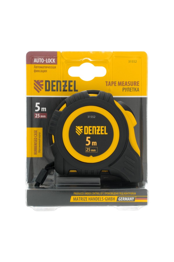 Рулетка 5м х 25мм, обрезиненный корпус, автоматическая фиксация Denzel