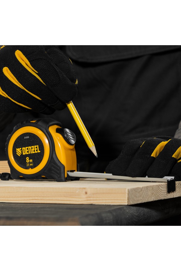 Рулетка 8м х 25мм, обрезиненный корпус, автоматическая фиксация Denzel