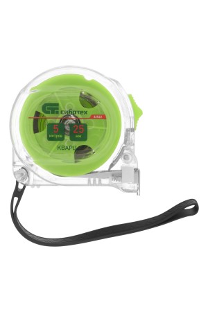Рулетка Кварц,прозрачный корпус,амортизатор,5 м х 25 мм Сибртех