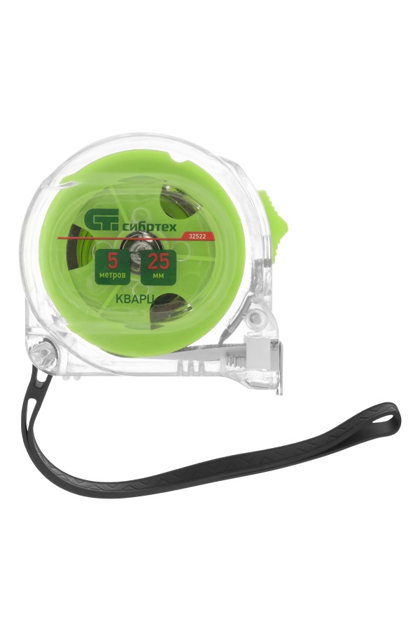 Рулетка Кварц,прозрачный корпус,амортизатор,5 м х 25 мм Сибртех