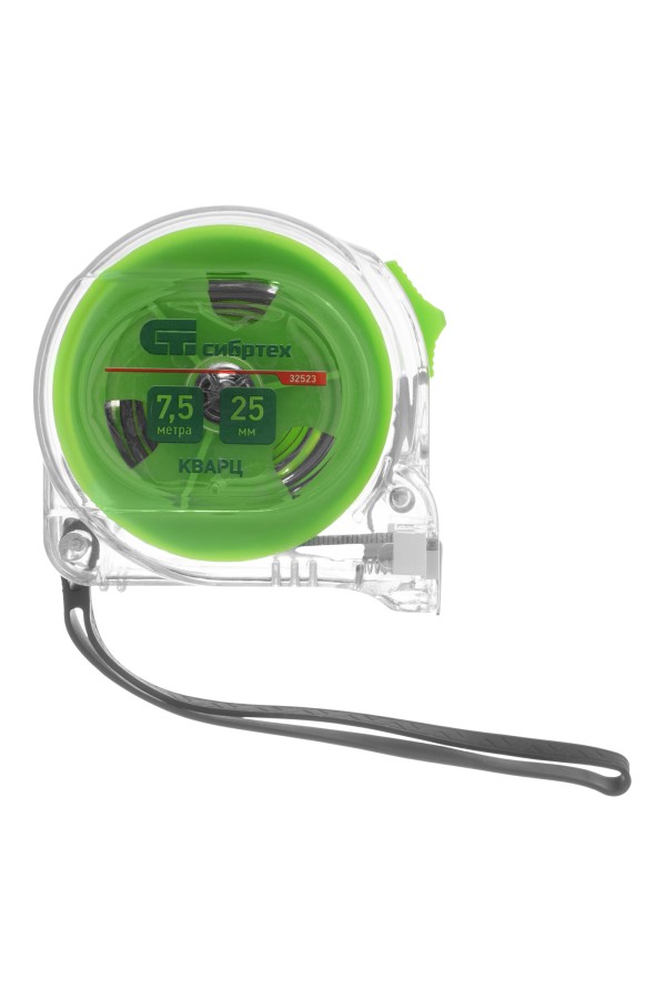 Рулетка Кварц,прозрачный корпус,амортизатор,7,5 м х 25 мм Сибртех